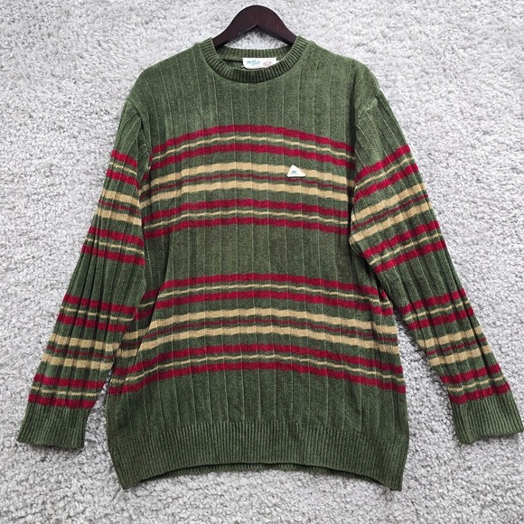 Vintage Monte Carlo Sweater Mens 42 Medium Green Striped Lambs Wool Y2K Retro - Picture 1 of 13